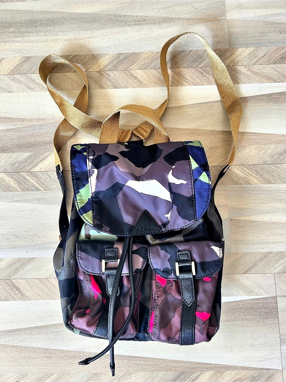 Sam Edelman Camo Backpack in Black, Purple, Green & Pink